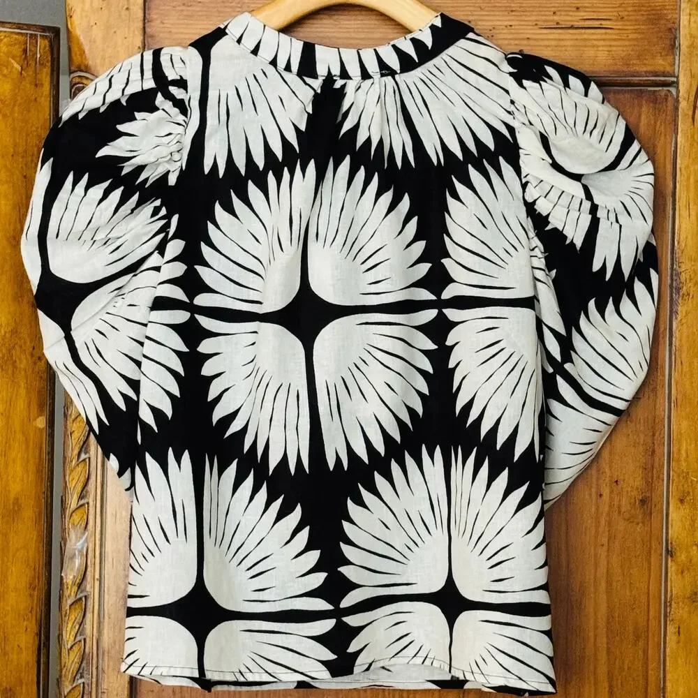 Rachel Zoe Black White Linen Blend Puff Sleeve Boho Blouse Top Womens Sz XS NWOT